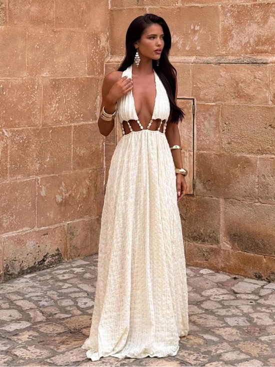 Outcast Clothing Dresses & Skirts - Backless Ivory Halter Maxi Dress with Cutout Waist